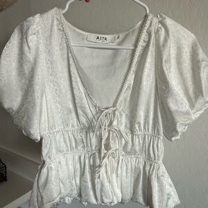 ASTR The Label Satin Ivory Tie Blouse